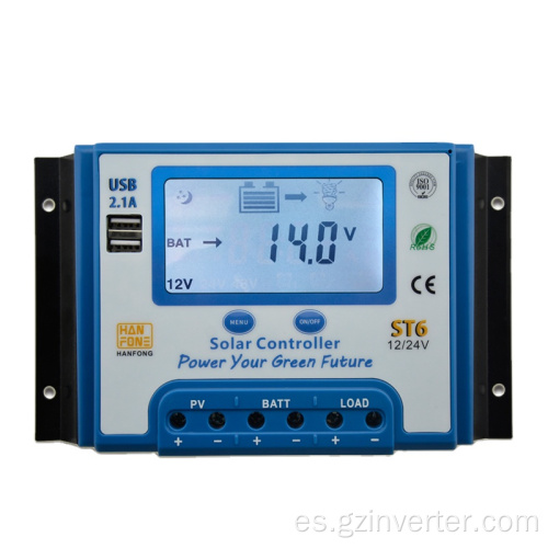 Controlador de carga solar PWM de 30a 12V/24 V con pantalla